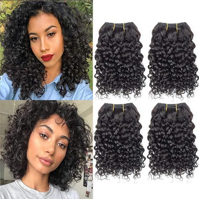 Selina Brazilian Curly Hair Bundles 4 Bundles Kinky Curly Short Human Hair Brazilian Virgin Human Hair 50 Gram/Bundle (8 8 8 8, Natural Color)