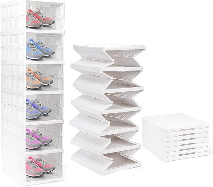 Nicunom Foldable Shoe Rack Organizer, 6-Tier Shoe Storage Box Collapsible Plastic Shoe Shelf Clear Shoe Boxes with Doors, Stackable Shoe Storage Bins Shoe Organizer for Entryway Closet