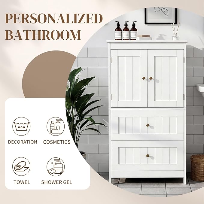 Karl home White Floor Storage Cabinet, Freestanding Storage Unit with 2 Drawers & 2 Doors, Thin Toilet Organizer for Small Spaces，for Entryway, Bathroom