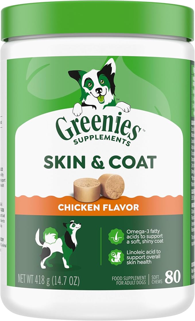 Greenies Supplements Dog Skin and Coat Supplements with Omega 3 Fatty Acids & Fish Oil for Dogs, Chicken Flavor, 14.7 oz, 80 Count