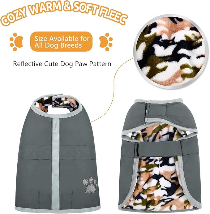 Queenmore Dog Winter Coat, Cold Weather Fleece Jacket for Dogs, Waterproof Reflective Reversible, for Small, Medium and Large Dogs (Grey, L)
