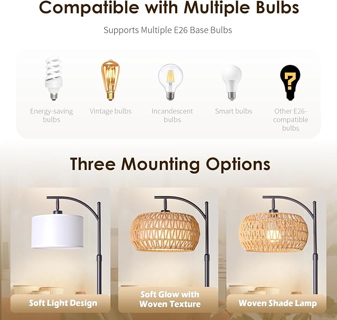Boho Rattan Floor Lamp with Shade – 12W Bright Dimmable LED Bulb, Remote Control 3 Color Temperatures, Modern Farmhouse Handwoven Arc Standing Light for Living Room Bedroom