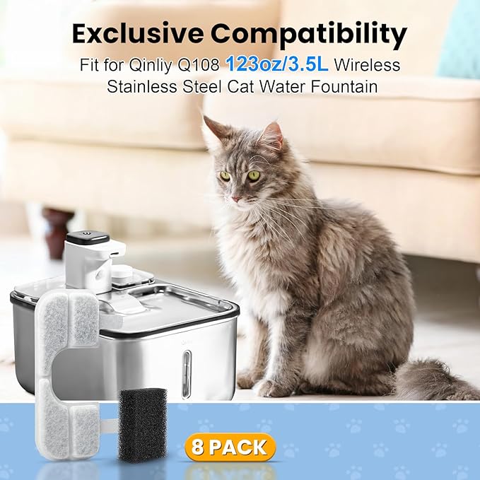 8 Pack Replacement Filters & 8 Pump Filter Sponges for Qinliy Q108 123oz/3.5L Stainless Steel Cat Water Fountain Filter Replacement