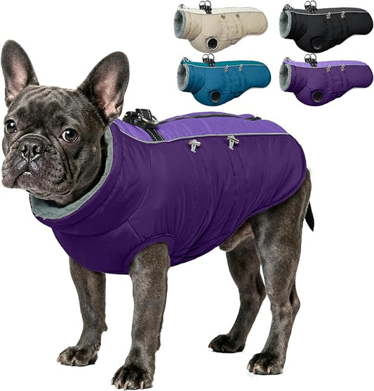 IDOMIK Warm Dog Coat with Harness, Waterproof Reflective Dog Jackets for Small Medium Large Dogs, Fleece High Collar Winter Jacket with Zipper, Pet Winter Snowsuit Clothes for Cold Weather,Purple L