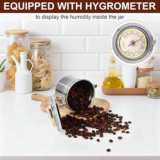 3 Pcs 17 oz Stainless Steel Container with Hygrometer & Humidifier Kitchen Food Storage Jar with Sealed Lid Airtight Coffee Canister for Coffee Bean, Tea, Candy, Snacks, Cereal Storage