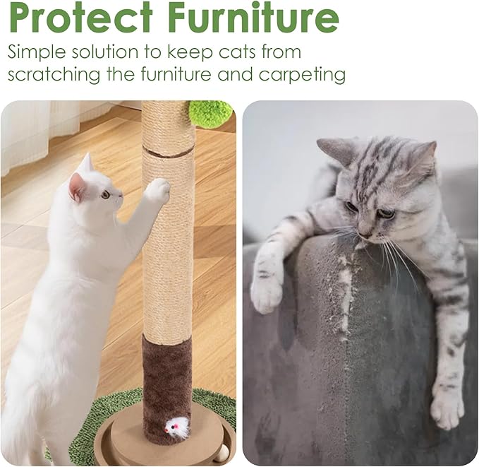 Cat Scratching Post, 35 Inch Tall Cat Scratcher Cat Tree Tower with Hanging Ball for Indoor Cats Adults,Sisal Rope Kitten Scratch with Interactive Mouse Cat Toy (41in, Peacock Plant Leaves)