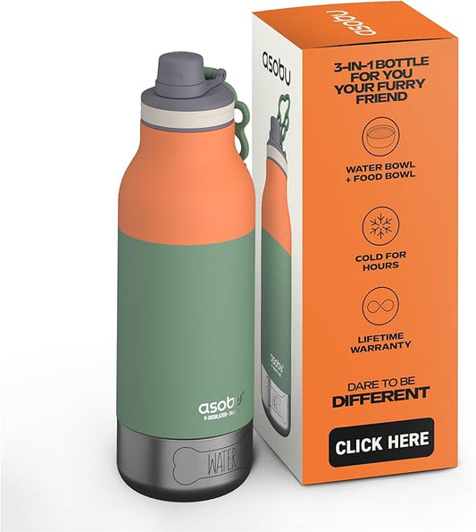 Asobu Dog Barky Bottle – Insulated Stainless Steel Water Bottle with 2 Removable Dog Bowls for Food, Treats & Water – Pet-Friendly Travel Bottle for Hiking, Road Trips & Outdoor Adventures