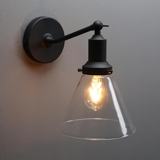 PERMO Industrial Vintage Slope Pole Wall Mount Single Sconce with Funnel Flared Clear Glass Shade Wall Sconce Light Lamp Fixture (Matte Black)