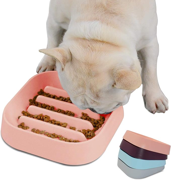 Healthy Slow Feeding Dog Bowl for French Bulldog -Slow Feeder Dog Bowl No Chocking Dog Cat Food Bowl with Striped Shape Pattern (Pink)