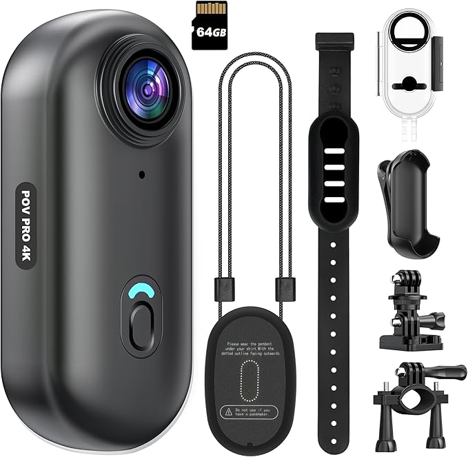 4K Mini WiFi Action Camera 64GB Thumb POV Portable Body Cam Wearable Video Recorder with IPX7 Waterproof Underwater Camcorder, Helmet Mount, Magnetic Sport DV for Bike Cycling, Pet, Vlogging(Black)