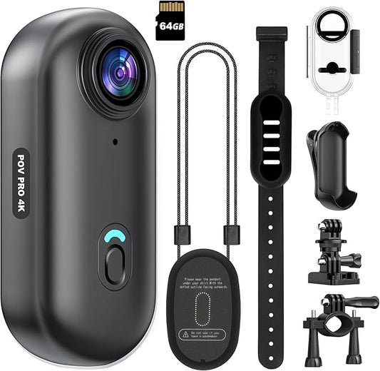 4K Mini WiFi Action Camera 64GB Thumb POV Portable Body Cam Wearable Video Recorder with IPX7 Waterproof Underwater Camcorder, Helmet Mount, Magnetic Sport DV for Bike Cycling, Pet, Vlogging(Black)