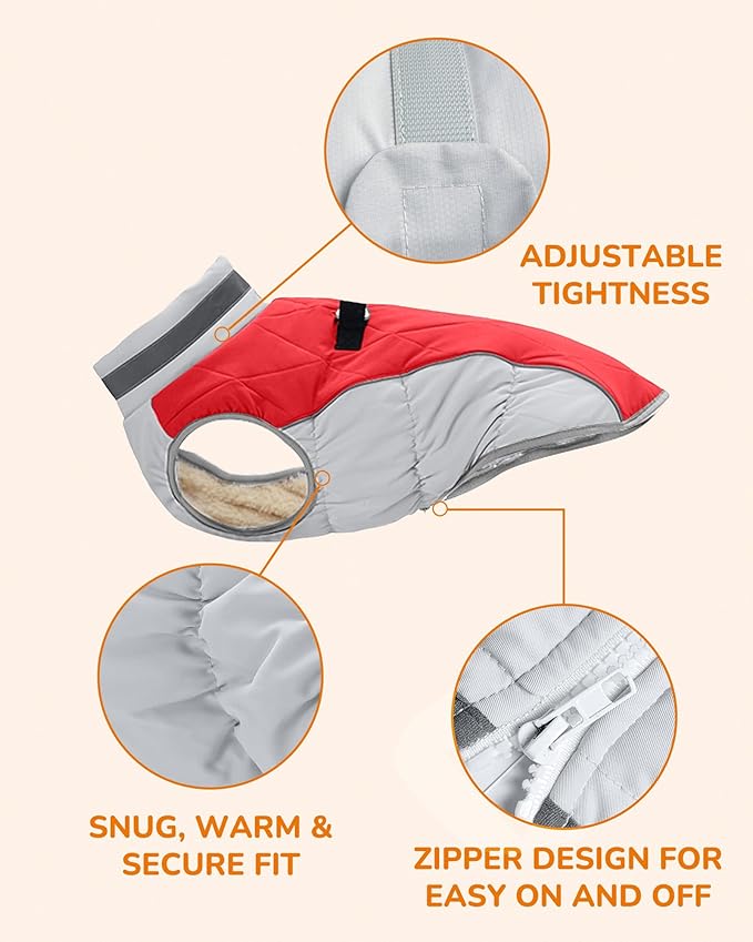 Dog Coat for Small Dogs, Adjustable Dog Jackets for Cold Weather, Reflective Winter Coat with Built-in Harness, Snowsuit Fits Dogs 5-8 lbs and Up, Size XS Red