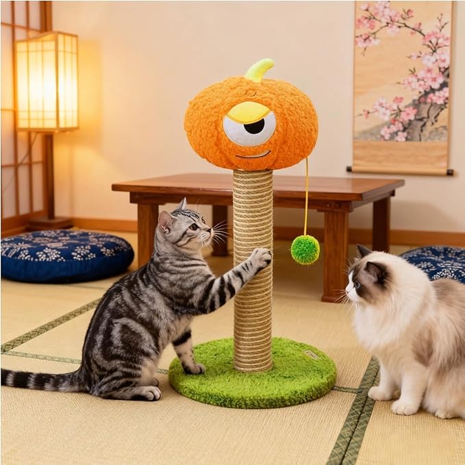 Pumpkin Cat Scratching Post for Kittens – Soft Velvet Base, Play Ball, Stable & Durable, Premium Jute Wrapping Non-Shedding Jute 30 * 30 * 60cm