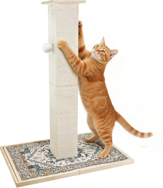 Tall Cat Scratching Post Cat, Modern Cat Scratcher for Indoor Cats, Cat Scratch Post with Carpet, Natural Sisal, Dangling Toy Balls and Perches, for Kittens & Adults
