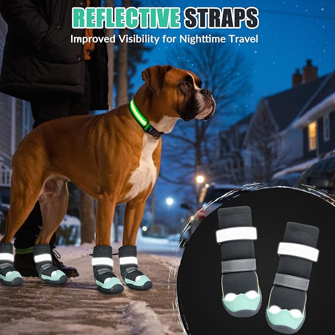 Lukovee Dog Shoes - Waterproof Fleece Lined Dog Boots for Large Small Medium Dogs, Reflective Booties with Non-Slip Rubber Sole for Rain Winter Cold Weather (Green,Size 8)