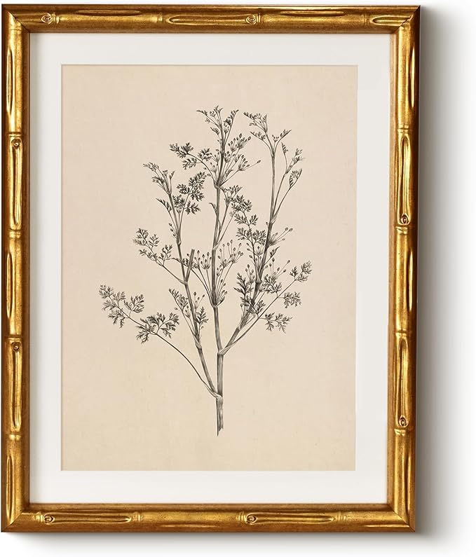 Vintage Botanical Gold Bamboo-Textured Framed Canvas Wall Art, 11x14 Inch Black White Plant Illustration Sketch Print, Classic Minimalist Line Artwork Home Office Bathroom Bedroom Decor