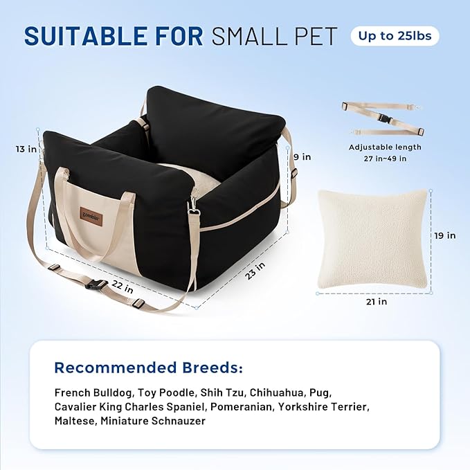 Dog Car Seat for Small to Medium Dogs - Waterproof Pet Booster Seat for Car with Clip-On Safety Leash, Travel Carrier for Puppy up to 25 lbs, Memory Foam Filling and Adjustable Buckles, Black