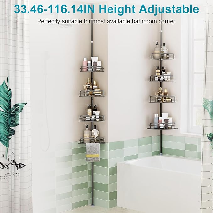 Corner Shower Caddy Tension Pole, Upgraded Adjustable Corner Shower Caddy Organizer with Hooks, 4-Tier Shelf Inside Shower Bathtub Organizers & Storage, Thickend Rustproof Steel, 33 to 116 Inch Height