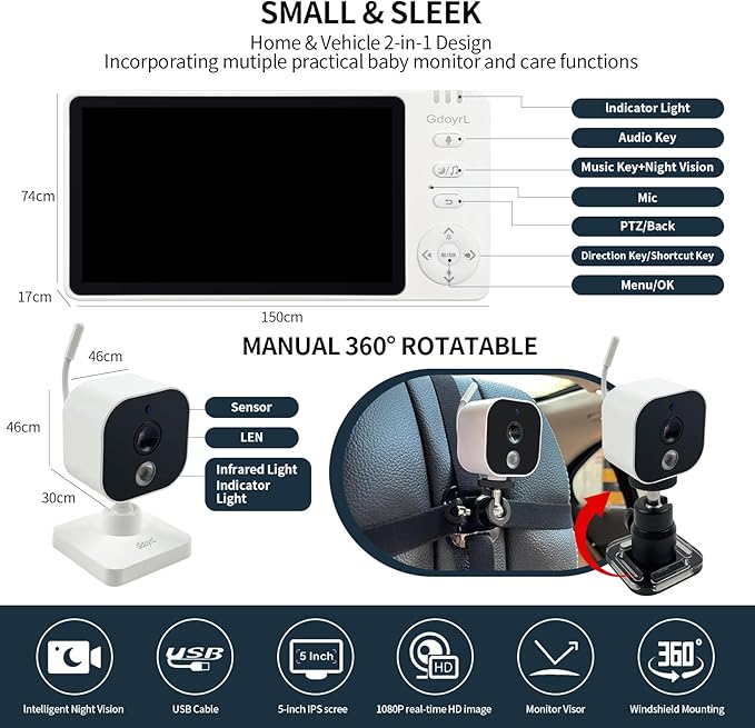 Wireless Baby Car Camera with 5-inch HD 1080P IPS, USB-Powered 360° Rotating Rear Seat Monitor (1000 ft) Auto/Manual Night Vision & VOX Mode, HD Display for Car Backseat, Home, Baby, Pet