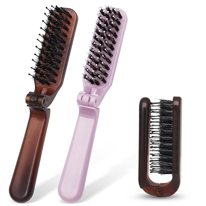 2 Pack Foldable Hair Brush Travel Hairbrush, Boar Bristle Hair Brush Portable Collapsible Pocket Comb for Women and Men, Suitable for Travel, Purse, Anti-Static Design (Amber & Light Pink)