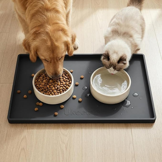 Extra Thick Silicone Mat Waterproof with Raised Edge 19” x 12”, BPA Free Non-Slip Dog & Cat Food Mat, Feeding Mat for Food and Water Bowls, Spill Proof Mat to Protect Floors, Black