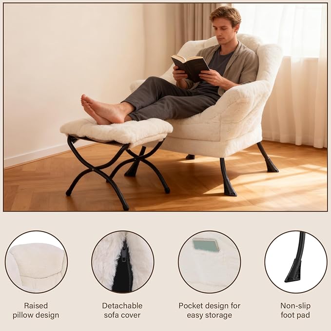 Welnow Lazy Chair with Ottoman, Modern Lounge Accent Chair with Armrests and a Side Pocket, Leisure Sofa Armchair, Reading Armchair with Footrest for Small Space, Plush Beige