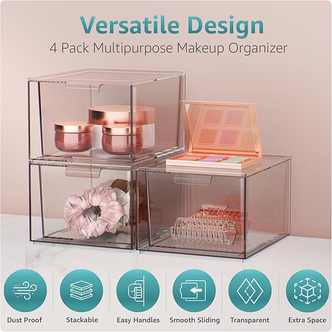 Sorbus Stackable Acrylic Drawers - Clear Make Up Organizers for Vanity - 4 Plastic Storage Bins for Room Decor, Bathroom Organization and Storage, Office Supplies, Makeup Drawer Organizer, Undersink