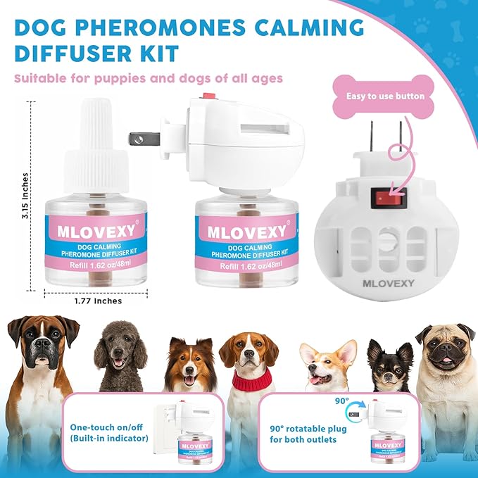 Dog Calming Diffuser for Dog Anxiety Relief, Dog Pheromones Calming Diffuser, Pheromone for Dogs to Reduce Barking Aggression Fighting Stress, Stop Peeing(2 Refills, 1 Diffuser,60 Days)