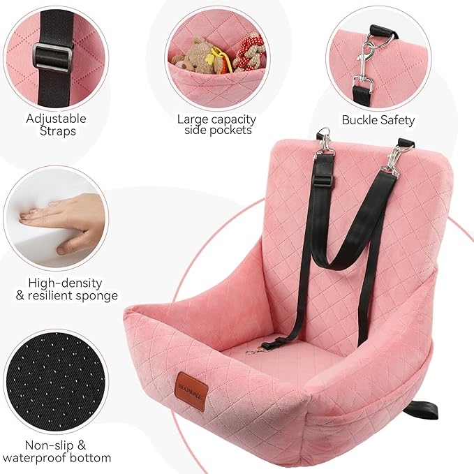 Dog Car Seat,Pet Booste Bed with Seatbelt,Washable Dog Car Travel Bed Easy to Assemble, Clip-On Safety Leash and Storage Pocket (Pink)
