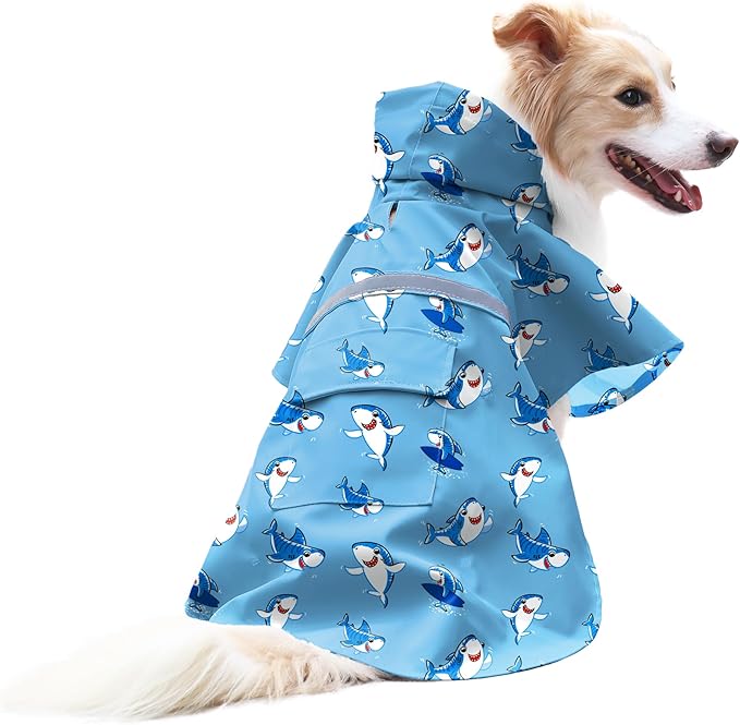 NACOCO Large Dog Raincoat Adjustable - Pet Shark Water Proof Clothes Lightweight Rain Jacket Poncho Hoodies with Strip Reflective Blue (2XL, Blue Shark)