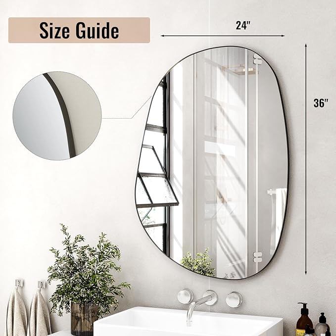 36"x24" Bathroom Mirror for Wall, Irregular Bathroom Mirrors for Over Sink, espejos decorativos de pared, Modern Metal Framed Vanity Mirror for Bedroom, Entryway, Bathroom, Living Room, Black