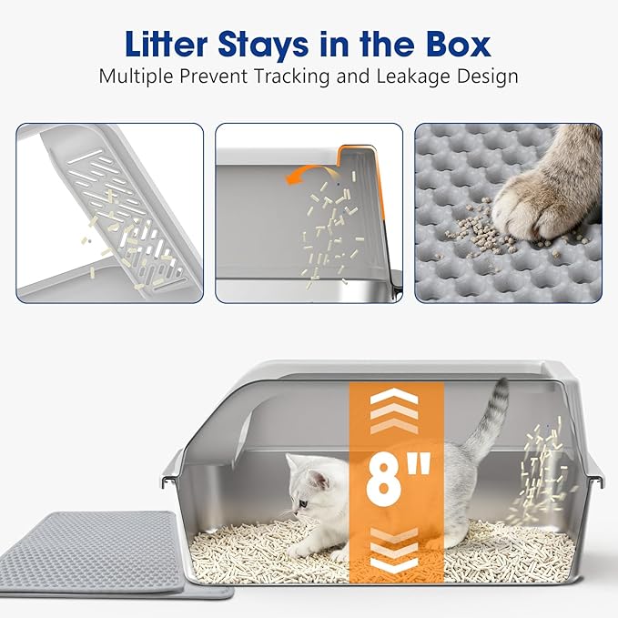 Stainless Steel Litter Box with Lid, Kitten Metal Cat Litter Boxes High Sided Enclosed for Small Cat and Injured Cats Rabbit, Anti-Urine Leakage | Non-Stick Bottom & Includes Scoop
