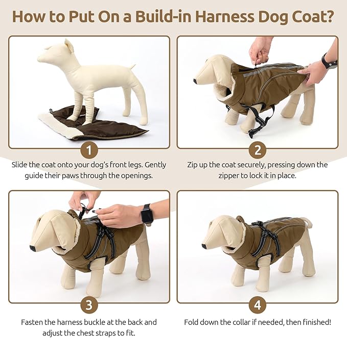 Dog Winter Coat with Harness Built in Warm Puffer Dog Jackets for Small Medium Large Dogs Windproof Waterproof Outfit with Plush Lining and Reflective Stripes (Brown, 3XL)