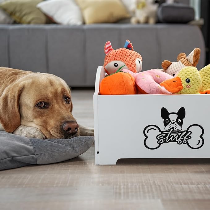Marsui Wooden Dog Toy Bin Basket with Handle Large Dog Stuff Storage Box Cute Pet Stuff Organizer for Chew, Blankets, Leashes, Food Gift for Living Room Area(White,13.78 Inch)