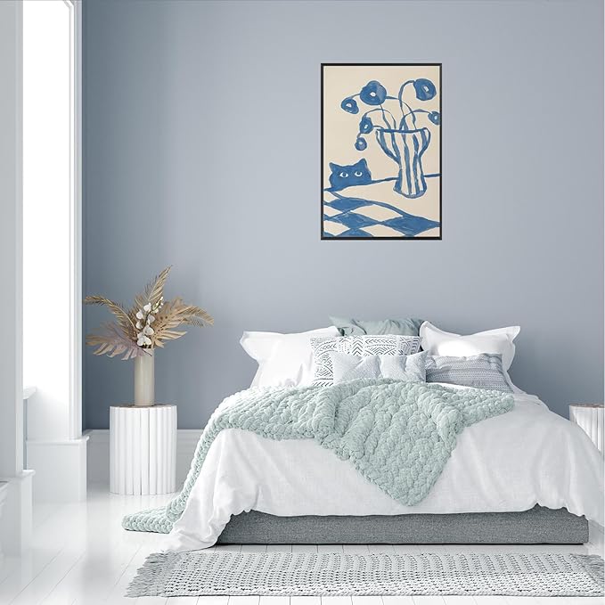 Funny Sneaky Cat Poster Scandi Animal Sketch Canvas Wall Art Blue Modern Abstract Flower Vase Aesthetic Prints Painting For Living Room Kitchen Dining Room Wall Decor 24x36in Framed