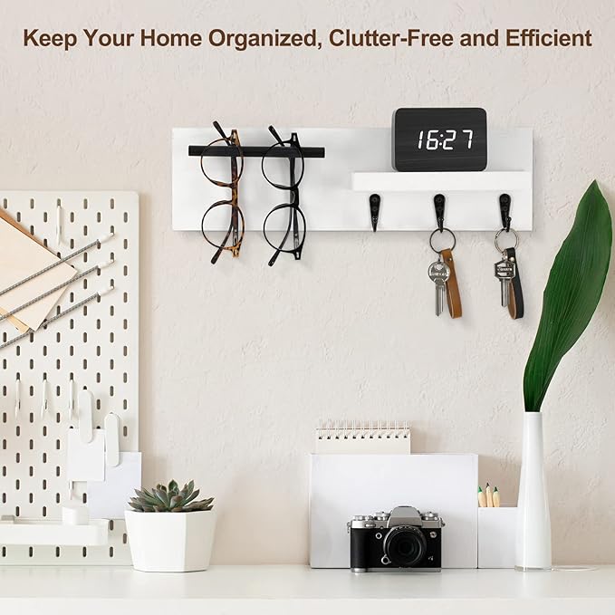 Key Holder for Wall, Decorative Entryway Shelf with Hooks Holds Keys, Dog Leash, Sunglasses – Key Hanger with 3 Hooks Organizes, Enhances Home Decor (15” x 4.5” x 2.6”) (White)