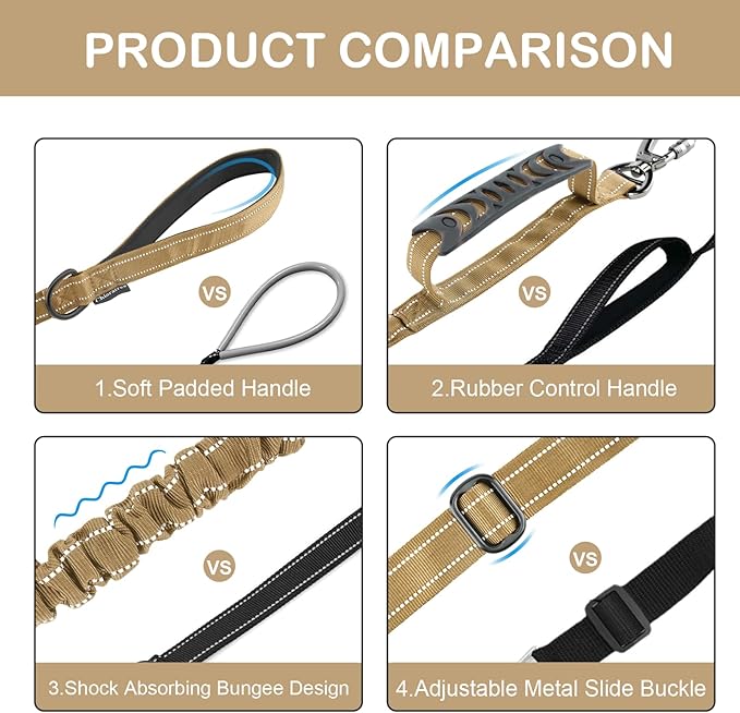Tactical Dog Leash Heavy Duty, 4-6FT Shock Absorbing Bungee Dog Leash, Reflective Military Strong No Pull Lead with 2 Padded Handle and Car Seatbelt for Medium Large Dogs, Khaki