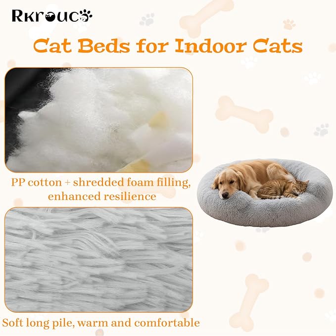 Fluffy Dog Bed Calming Donut Beds for Large Dogs Warming Round Small Medium Pet Nest Cozy Cat Mattress Indoor Washable Puppy Kennel Kittens Sleep Mat (M, 27.5×27.5 inch, Light Gray)