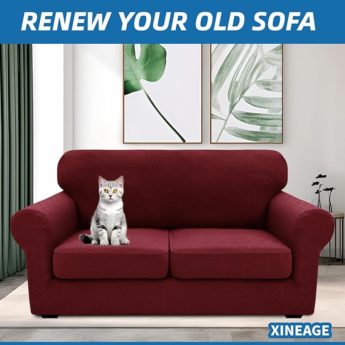 XINEAGE 2025 New 3 Pieces Couch Covers for 2 Cushion Sofa Super Stretch Loveseat Slipcover Pet Dog Universal Slip Cover Anti Slip Love Seat Furniture Protector (Wine Red, 55"-69")