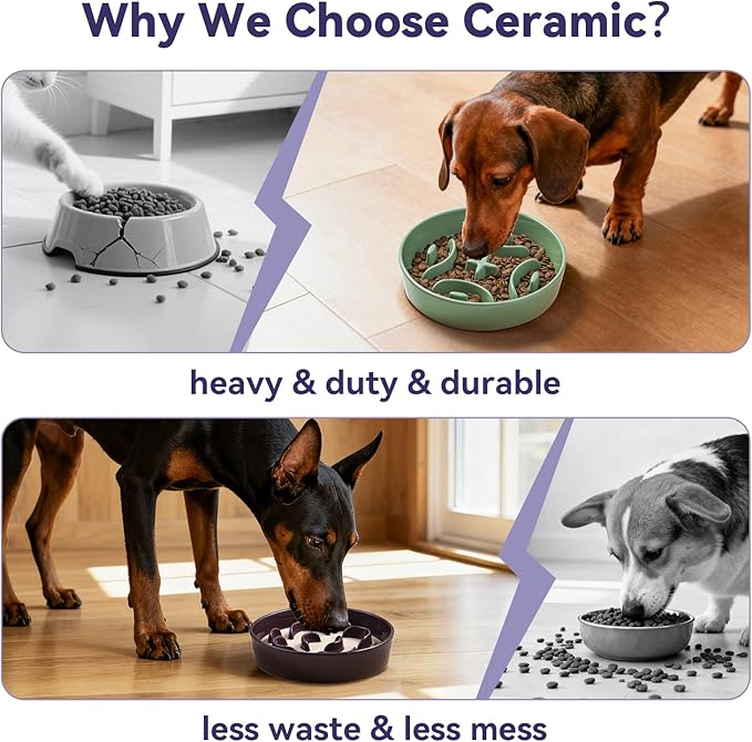 Ceramic Slow Feeder Dog Bowl - Maze Dog Bowl to Slow Down Eating - Feeding Dish for Fast Eaters - Ideal Food Control Dish for Medium to Large Breeds - 8.2 Inch - 1.8 Cups (180g) - Grey