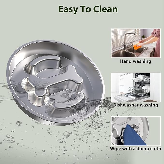 Small Dog/Puppy Slow Feeder, Stainless Steel Feeding Bowl with Unique Bone Design for Slower Eating Non-Slip Base