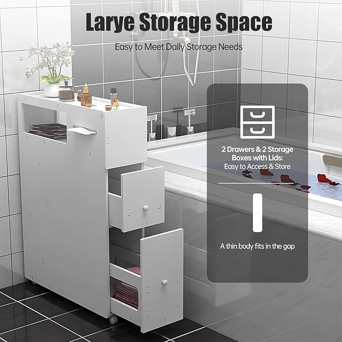Slim Bathroom Storage Cabinet with Toilet Paper Holder, Small Narrow Floor Cabinet with Drawers & Lockable Wheels, Modern White Bathroom Cabinet Organizer for Tissues, Towels, Toiletries