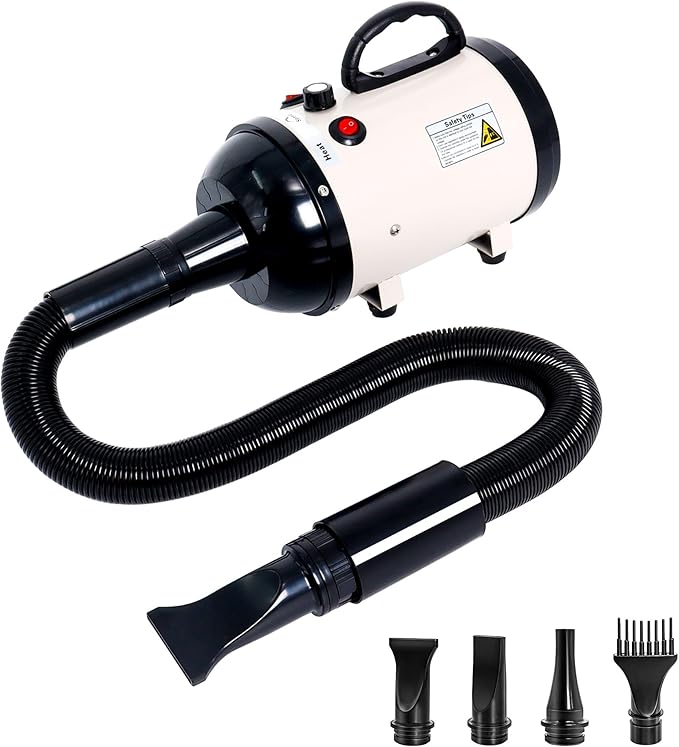 Dog Hair Dryer High Velocity Professional Dog Blow Dryer with Adjustable Speed Dog Pet Grooming Dryer Blower with 4 Nozzle 2 Blow Temperature（White