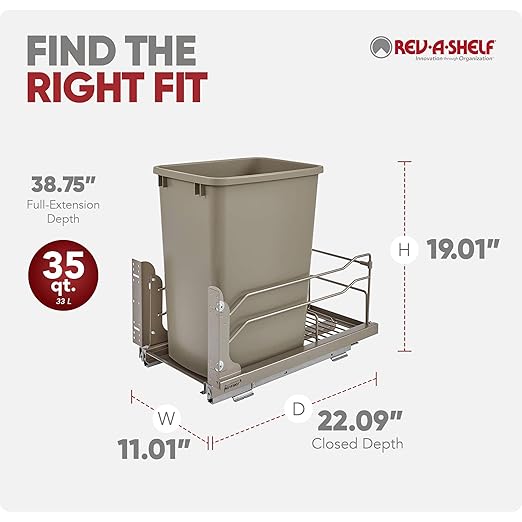 Rev-A-Shelf Pullout Trash Can for Under Kitchen Cabinets 35 Quart 8.75 Gallon with Soft-Close Slides and Rear Storage, Champagne, 53WC-1535SCDM-112