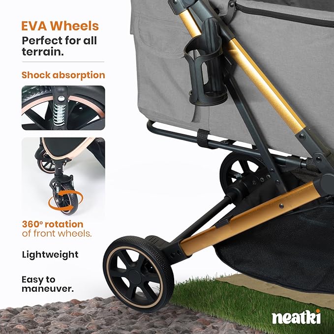 Foldable Pet Stroller for Dogs and Cats, 27.55x19.68x40.55, 33 lbs Capacity, 360° Swivel Front Wheels, One-Click Fold, Leash & Lock Clips, Removable Washable Padding, Cup Holder (Gray, 33 lbs)