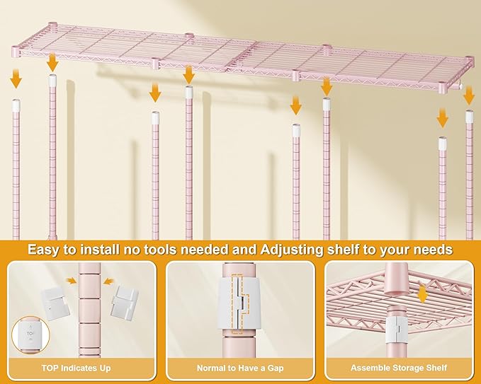 E14 Pro Heavy Duty Clothes Rack，Freestanding Clothing Racks for Hanging Clothes，Adjustable Closet Organizers and Storage，Metal Garment Rack with Shelves 69"W x16"D x77"H，Max Load 960LBS，Pink