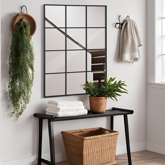 Windowpane Wall Mirror 30"x40" Black Wall Mounted Art Pane Mirror Farmhouse Decorative Mirror Leaning Hanging Wall Mirror for Bedroom Living Room Entryway Hallway Wall Decor