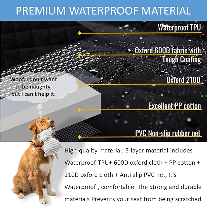 Dog Car Seat Cover for Front Seat, Scratchproof Car Seat Cover for Dogs, 100% Waterproof,with Dog Harness, Anti-Slip, Wear Resistance Fit for Cars, Trucks, SUVs, Jeeps. (Color : Black)