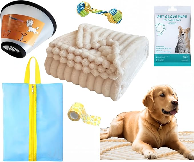 6 Pcs Surgery Recovery Kit for Dogs Cats –Adjustable Dog Cone & Fluffy Dog Blanket (28''x40'')– Get Well Soon –Cleaning Wipes,Calming Toy, Bandages & Mesh Bag –Sympathy Gift for Pet (blue-M)