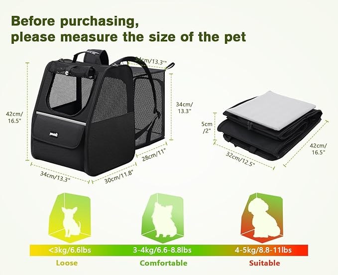 Expandable Cat Backpack Carrier — Ventilated Mesh, Safety Leash, Up to 11lbs (Black)